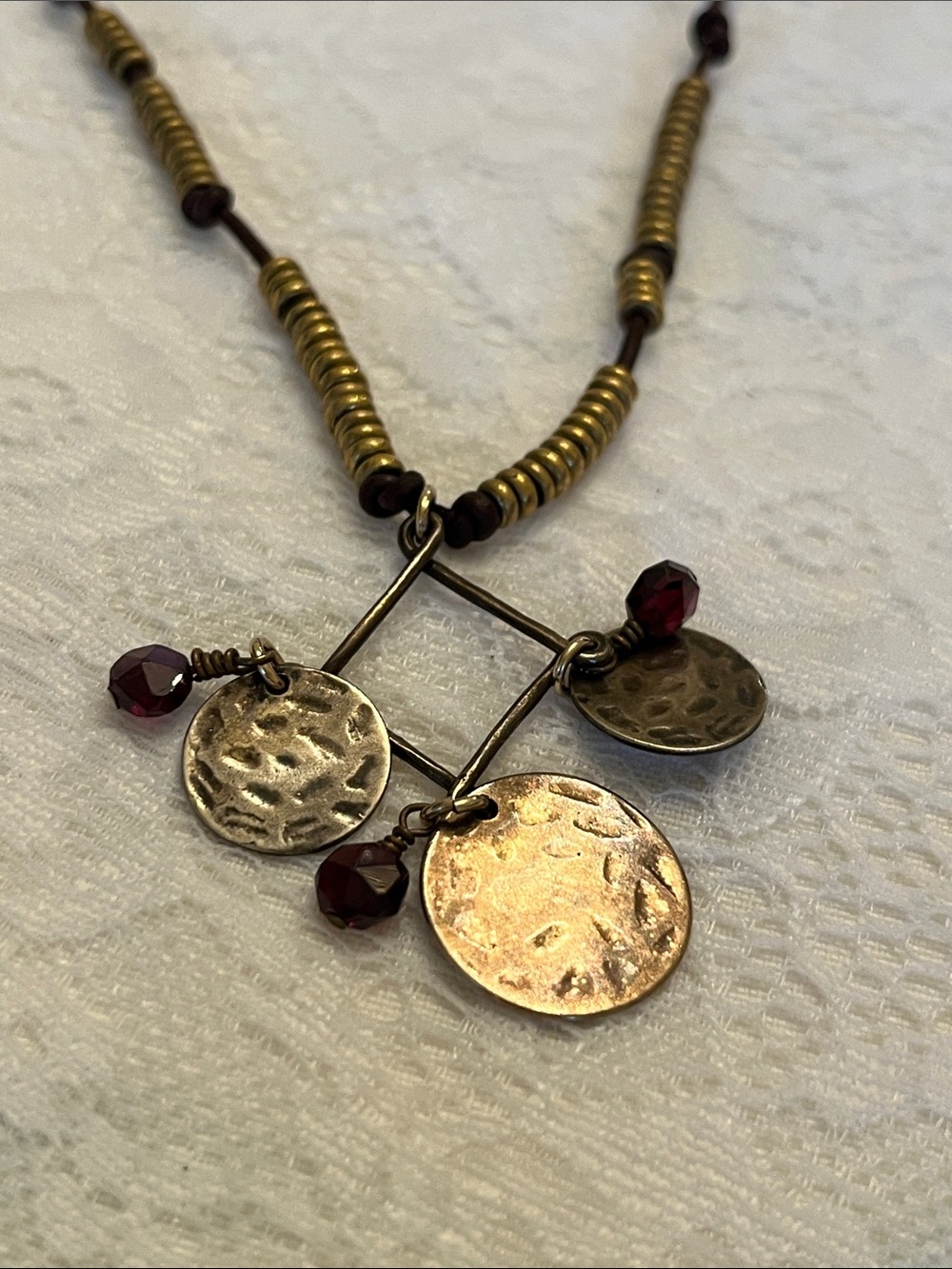 Sparkling Sage Antiqued Gold Disc Necklace with Deep Red Beads